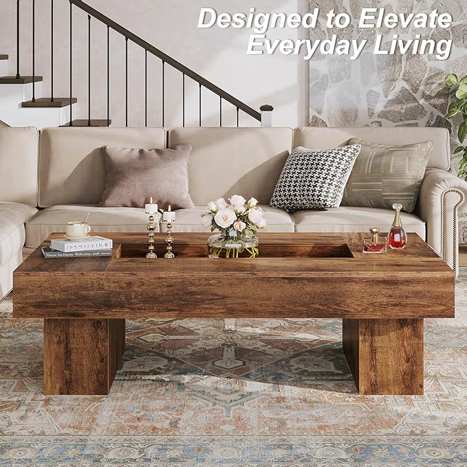 LVB Rustic Coffee Table, Large Wood Living Room Table with Storage, Modern Long Rectangle Led Center Table, Farmhouse Unique Low Wide Tea Table with LED Light for Home Office, 47.24 in, Rustic Brown