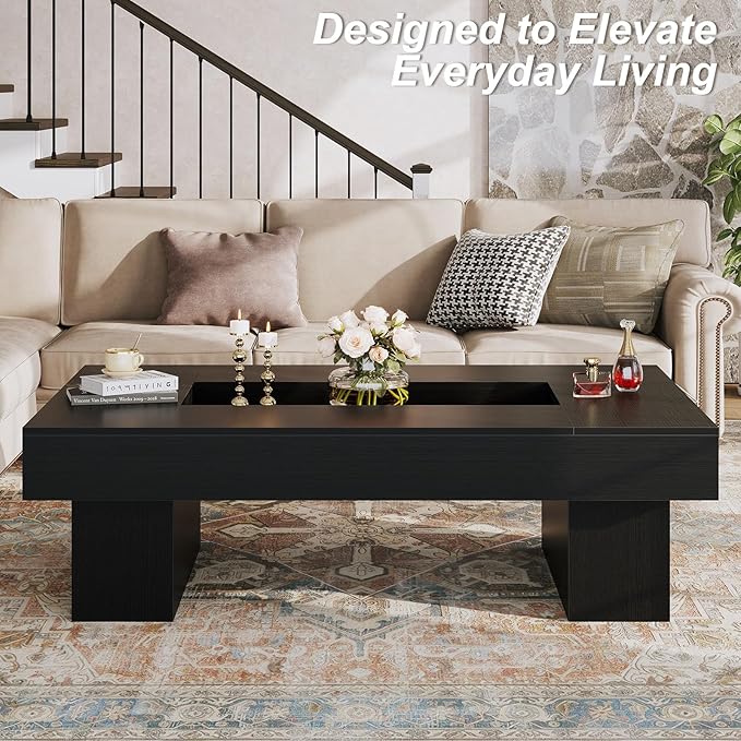 LVB Black Coffee Table, Modern Wood Led Living Room Table with Storage, Unique Large Wide Rectangle Center Table with LED Light, Contemporary low Tea Table for Bedroom Home Office, 47.24 In, Black Oak
