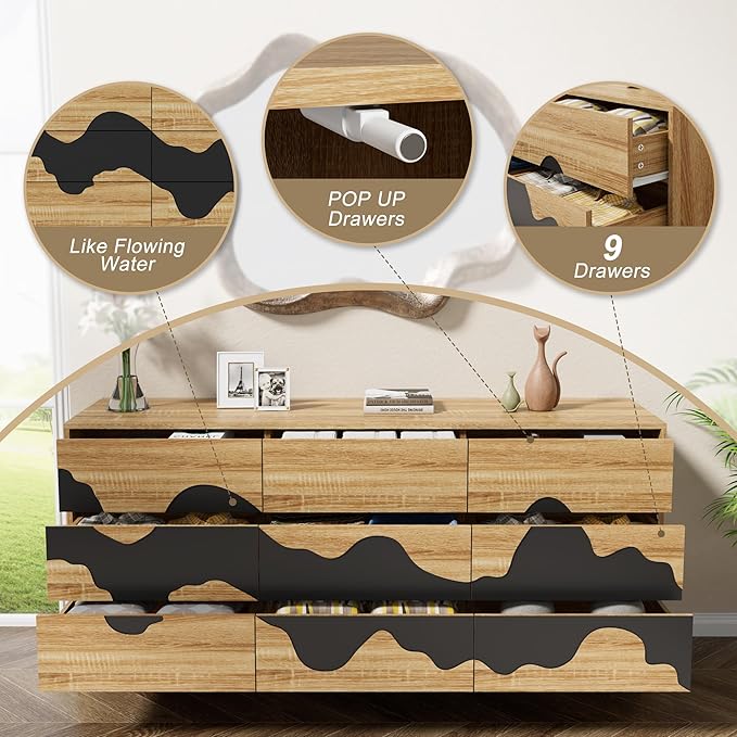 Anbuy Bedroom Sets 3 Pieces Bedroom Furniture Set Water Stream 9 Drawer Dresser and Night Stand Sets, Two Drawers Nightstand Set of 2 & 9 Drawer Dresser Combo (Natural)