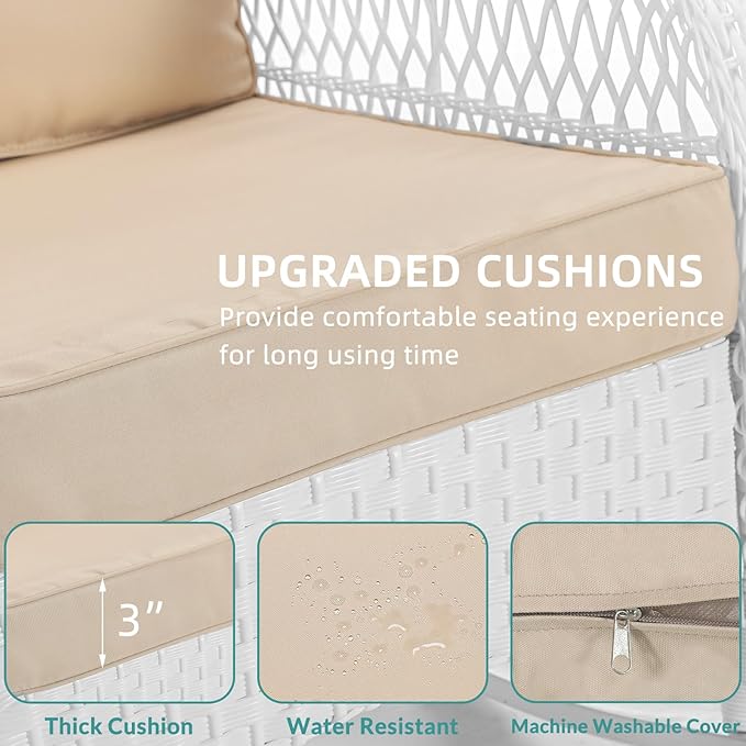 MEETWARM Outdoor Wicker Patio Glider Set, Loveseat for 2 Person Porch Furniture Glider with Glass-Top Coffee Table, Patio Glider Rocking Bench with Thickened Cushions, White Wicker/Beige