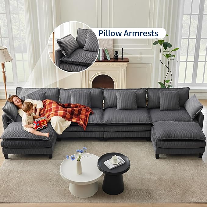 GarveeHome 147" U Modular Sectional Sofa, Corduroy Cloud Couch with Movable Ottoman & Throw Pillows, Modern L/U-Shaped Sofa, Comfy Deep Seat Couch for Living Rooms, Offices, Bedroom and Apartment
