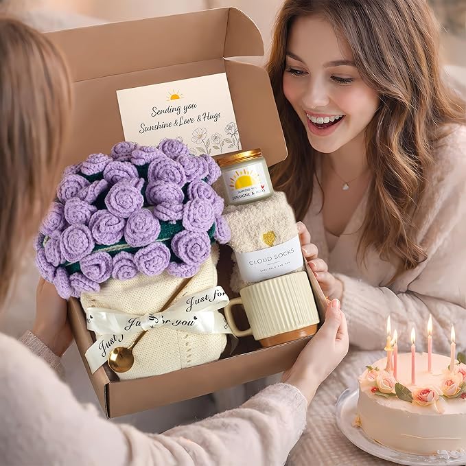 Get Well Gifts for Women, Flower Bouquet Blanket Gift Baskets, Care Package, Self Care Gifts, Thinking of You Gifts for Her Wife Mom Female Friends, Birthday Gifts for Women (Purple Rose Bouquet)