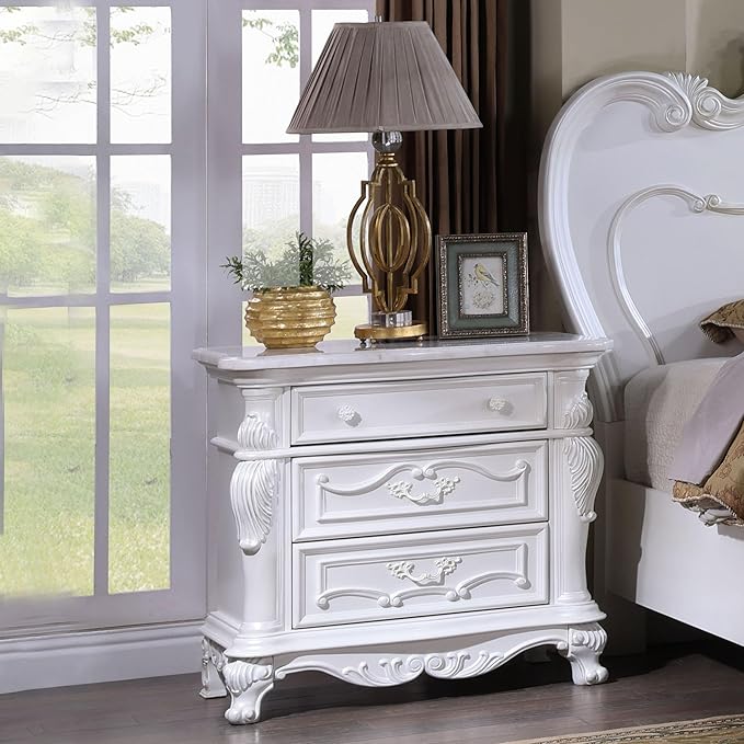 Furniture of America Eugene Traditional Solid Wood 3-Piece Bedroom Collection with Bed Frame and 3-Drawer Nightstands Set of 2, Box Spring Required, White, King