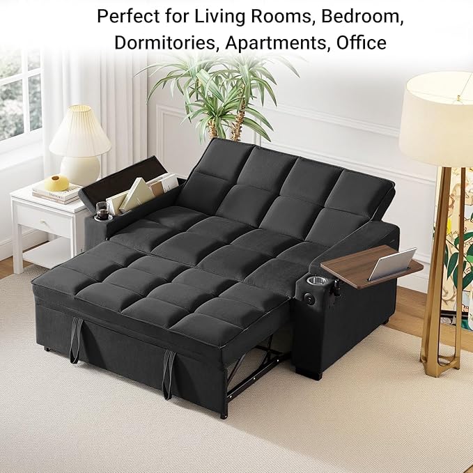 65'' 3-in-1 Sleeper Sofa Bed with Pull-Out Couch & Side Table, Convertible Loveseat with Adjustable Backrest, Velvet Chaise Lounge with USB & Type-C Ports, Black