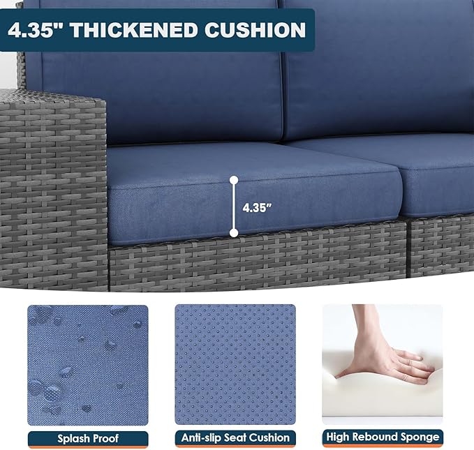 7 Piece Patio Furniture Set with Fire Pit Table, Outdoor Conversation Sets Wicker Rattan Sectional Sofa with Coffee Table for Patio Garden Backyard, 4'' Thickened Cushion Navy Blue