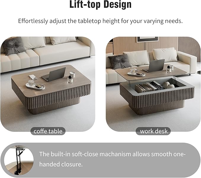 Gray Coffee Table with Lifting Top with Storage for Living Room,Fluted Lift Top Coffee Tables with Solid Wood Center Table 38.6'' Modern Smart Rectangular Lift Up Tabletop for Apartment Office