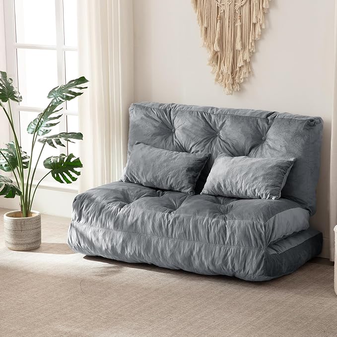 Folding Sofa Bed, Convertible Sleeper Chair with Pillow Foldable Mattress with Back Support, Portable Fold Out Chair Bed Comfy Floor Sofa Lounge for Living Room Bedroom, Dark Gray Full 80x54 Inch