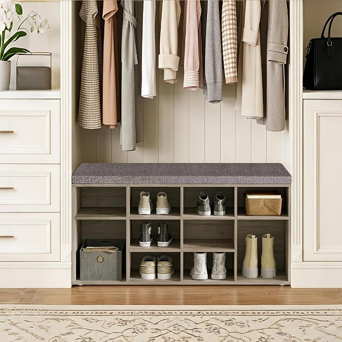 DINZI LVJ Shoe Bench, 12 Cubbies Shoe Organizer for Entryway, Storage Bench with Cushion, Cubby Shoe Rack with Adjustable Shelves for Living Room, Bedroom, Mudroom, Hallway, Gray Wash - Image 9
