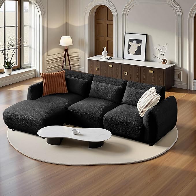 Sectional Sofa Couch, Modern U Shaped Sectional Couch with Ottoman, Modular Sectional Sofa Cloud Couches for Living Room (Black, 3 Set + 1 Ottoman)