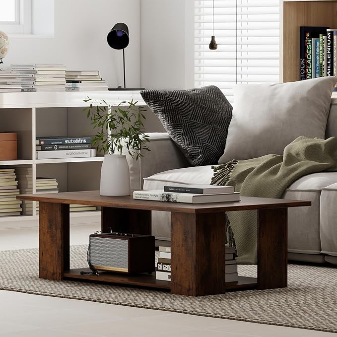 Giantex Rectangle Wood Center Table, 41" L 2-Tier Large Modern Tea Table w/Open Compartment, Easy Assembly, Accent Coffee Table for Living Room, Reception Room, Rustic Brown
