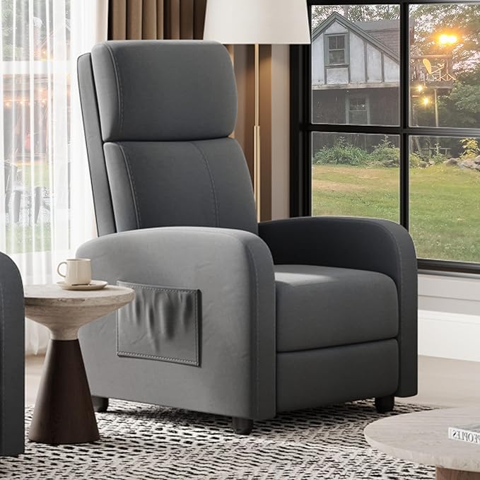 Garvee Recliner Chair for Adults, Leather Lazy Recliner Ergonomic Adjustable Single Sofa Enhanced with Side Pocket, Tall Back, Wide Arms & Padded Seat, Home Theater Seating for Living Room, Grey