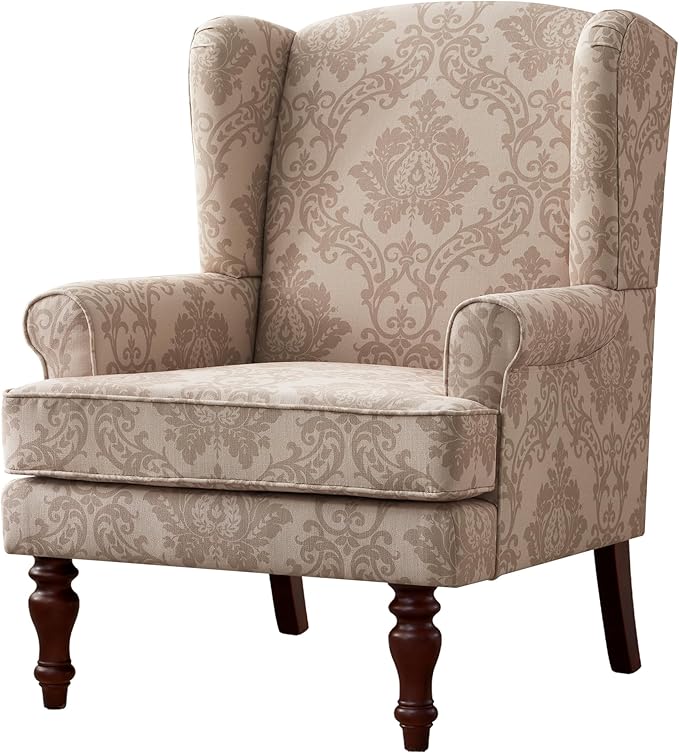 HUIMO Printed Wingback Accent Chair, Linen Upholstered High Back Armchair, Comfy Reading Chair for Living Room Bedroom Study, 300lbs Weight Capacity (1, Brown Floral)