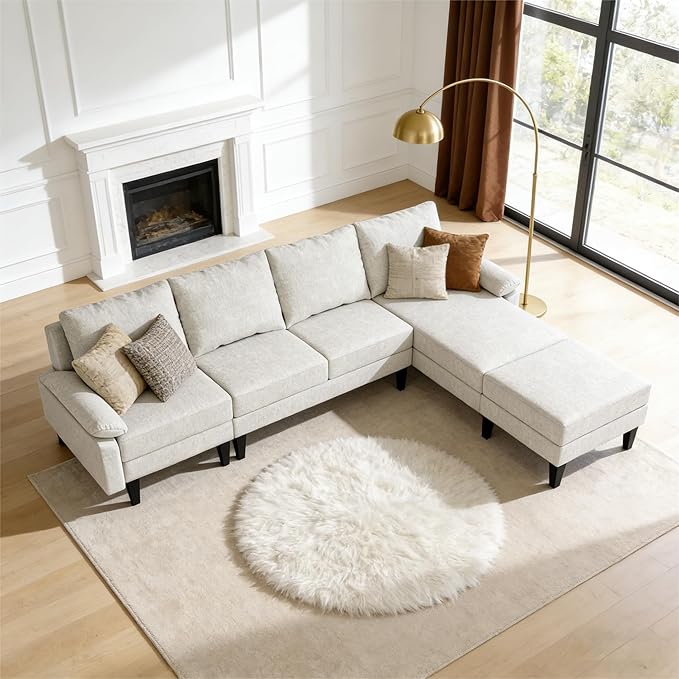 Modern L-Shaped Sectional Sofa with Storage Ottoman, Apartment Sectional Couch with Left Facing Chaise, 3-Piece Living Room Sofa Set, 115 Inch Furniture, Off-White