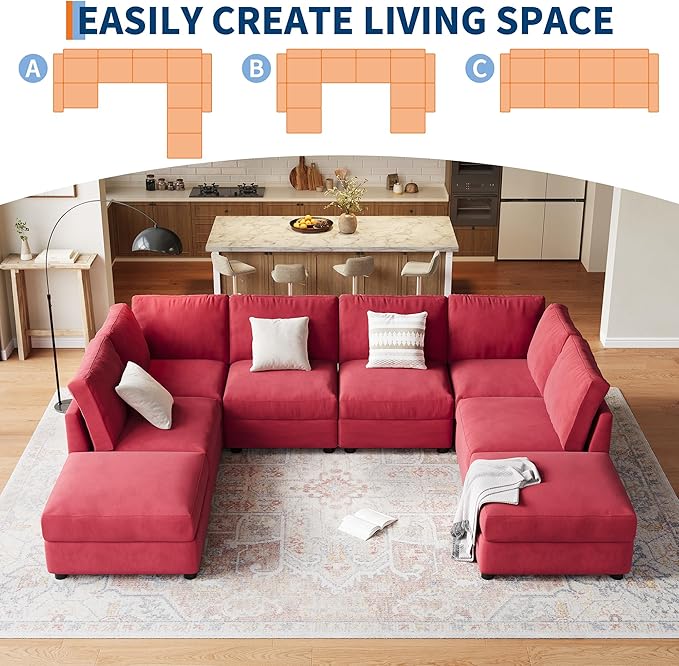 GarveeHome 138" Modular Sectional Sofa, 8 Seater Sectional Couch, U Shaped Sofa with Ottoman, Oversized Convertible Modular Couch for Living Room Apartment Office, Chenille Red