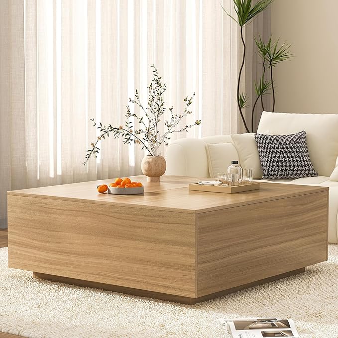 47 Inch Large Square Coffee Table with Storage,Modern Wooden Coffee Tables with 2 Drawers Storage for Living Room,Mid Century Tea Table/Aesthetic Coffee Table Center Table for Home Office(Oak)