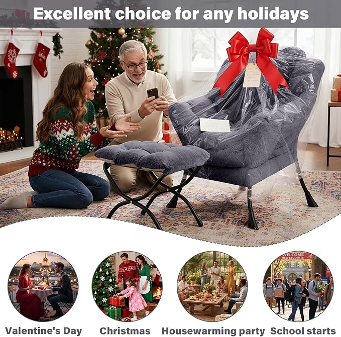 Plush Lazy Chair and Ottoman, Large Dark Grey Contemporary Accent Chair with Side Pocket, Modern Leisure Upholstered Reading Armchair with Footrest for Office, Bedroom, Living Room, Balcony