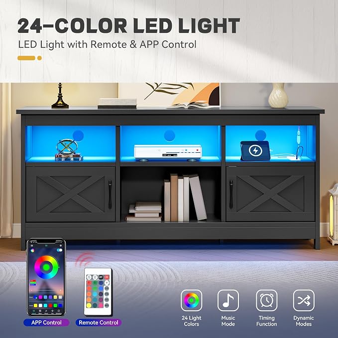 YITAHOME TV Stand for 65 Inch TVs, Entertainment Center with Storage Cabinets, Power Outlet & LED Light, Media TV Console with Barn Doors for Living Room, Black - Image 5
