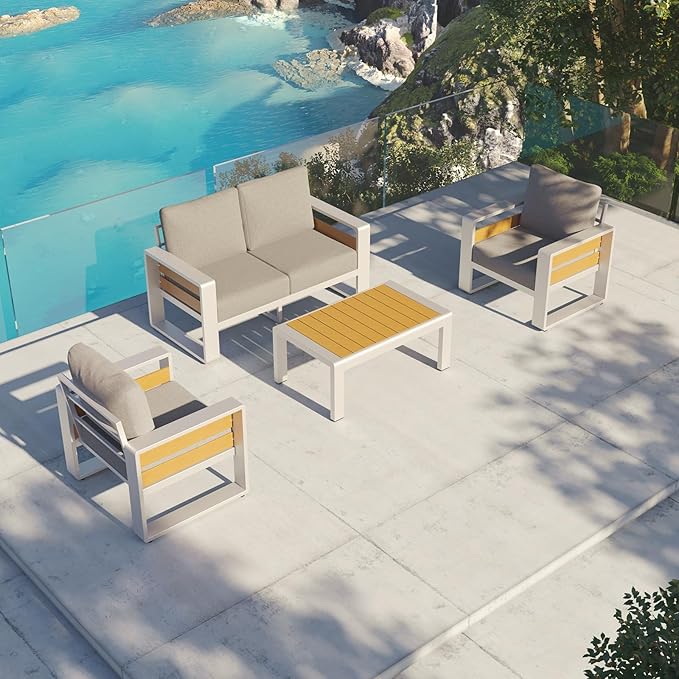 Aoxun Aluminum Outdoor Patio Furniture Set, 2 Seats Metal Sectional Patio Furniture, Modern Outside Sectional Set for Backyard, Armchair ×2, Sliver & Light Grey