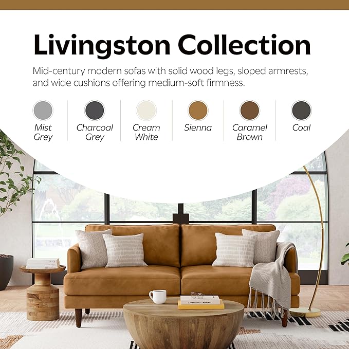 SIMPLIHOME Livingston Sofa - 76 inch Wide Top Grain Genuine Leather Sofa in Sienna, Mid-Century Modern Loveseat for Living Room with Removable Feather-Wrapped Cushions and Solid Wood Frame