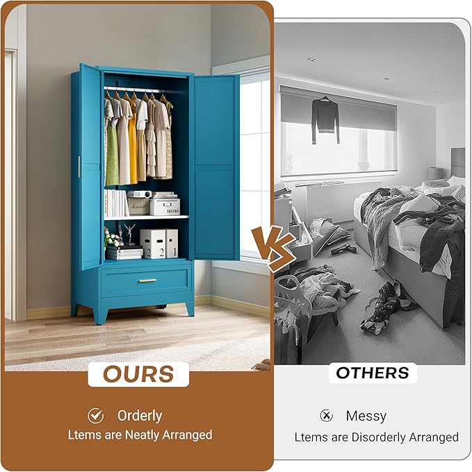 Metal Armoire Wardrobe Closet with Drawers, 71" Wardrobe Cabinet with Adjustable Shelves and Hanging Rod for Bedroom, Blue Metal Closet Storage Cabinet with 2 Doors & 1 Drawer