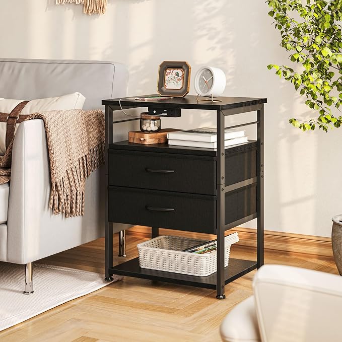 AODK Nightstand with Charging Station & LED Lights, 27.6" Tall Bedside Table with 4-Tier Storage, 2 Fabric Drawers & 2 Open Shelves, Space-Saving End Table for Bedroom, Black - Image 6