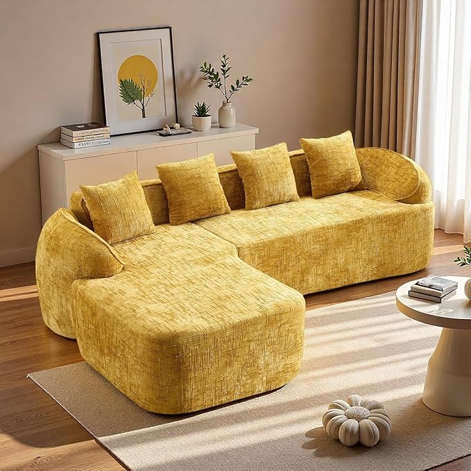 L Shaped Compression Sofa, Modular Couch with Curved Armrests & 4 Coordinating Pillows, Modern 101'' Chenille 4 Seater Sofa with Wide Seat for Living Room, Bedroom, No Assembly, Yellow