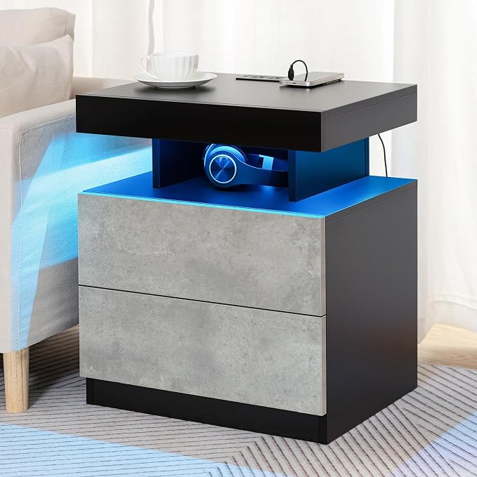 HOMMPA LED Nightstand with Wireless Charging Station & USB Ports High Gloss Bedside Table with LED Light RGB Adjustable Brightness Smart Nightstand 2 Drawers Night Stand for Bedroom Grey - Image 9
