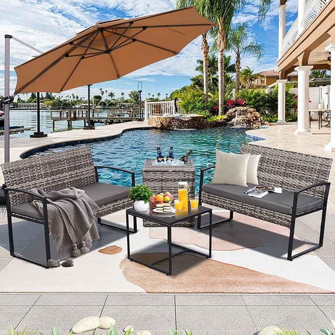 FHFO 4 Piece Outdoor Patio Furniture Set with Built-in Beverage Cooler Storage Box, Wicker Conversation Sets Patio Outdoor Loveseats & Coffee Table for Outside, Garden, Balcony, Porch, Grey/Grey