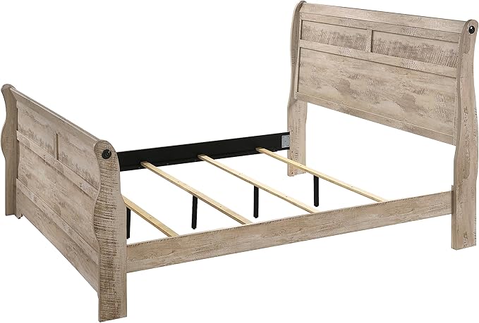 Roundhill Furniture Imerland White Wash Finish 3-Piece Bedroom Set-Sleigh Bed and Two Nightstands, Queen Size