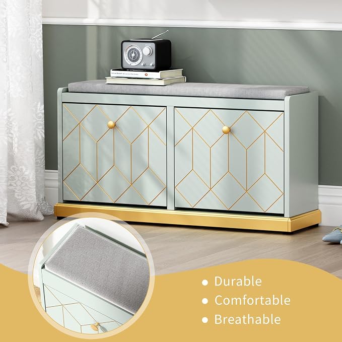 HLR Shoe Bench with Storage, Modern Entryway Bench with 2 Flip Drawer & Padded Cushion Seat, Shoes Storage Bench for Hallway, Closet, Living Room, Green Shoe Storage Cabinet with Bench - Image 7
