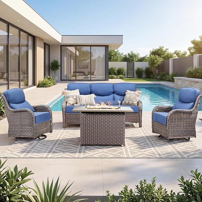 Luxury Patio Furniture Set with 6-inch Thick Cushion, Outdoor Furniture with Fire Pit Table, Swivel Chairs, Sofa, 4pcs Wicker Conversation Set for Deck Yard and Poolside(Blue)