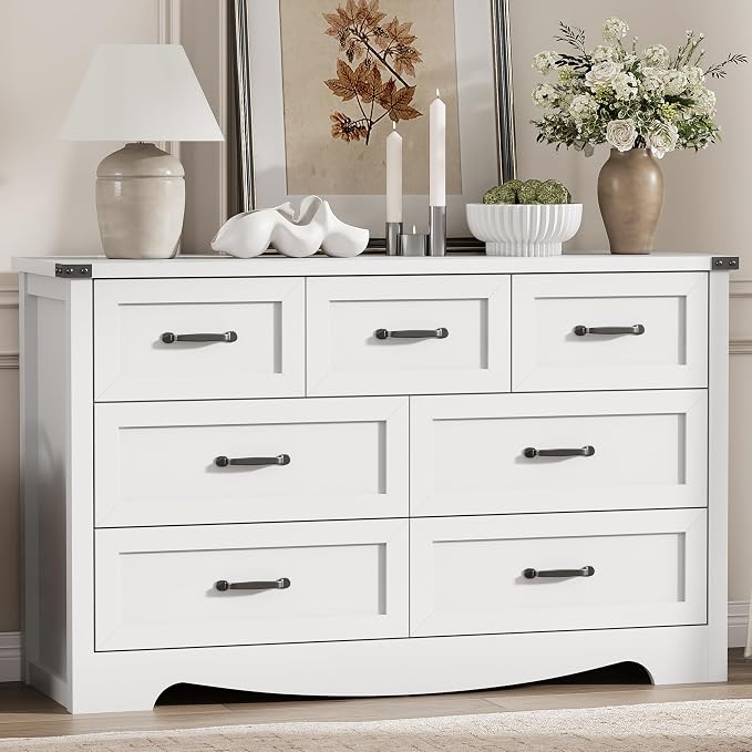 Dresser for Bedroom with 7 Drawers, 58" Wide Wood Chest of Drawers with Deep Drawers & Mental Handle, Modern Dresser TV Stand, Wooden Closet Storage Organizer for Living Room, Hallway, Entryway, White - Image 8