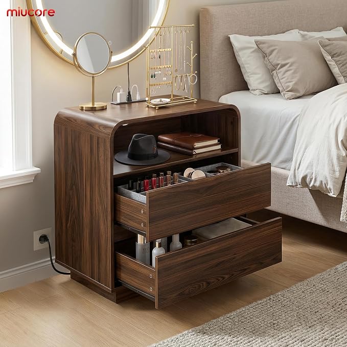 Nightstands Set of 2, Wide Round Bedside Table Set with Charging Station, Large End Table with 2 Drawers Curved Design Modern Nightstand for Bedroom Sofa Home Office Walnut - Image 7