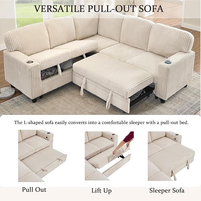 KEIKI 81" L-Shaped Oversized Corduroy Modular Sectional Sleeper Sofa with Pull-Out Bed, Storage Seat, Modern 5-Seater Upholstered Couch Bed with Charging Station, Easy Assembly, for Living Room, Beige