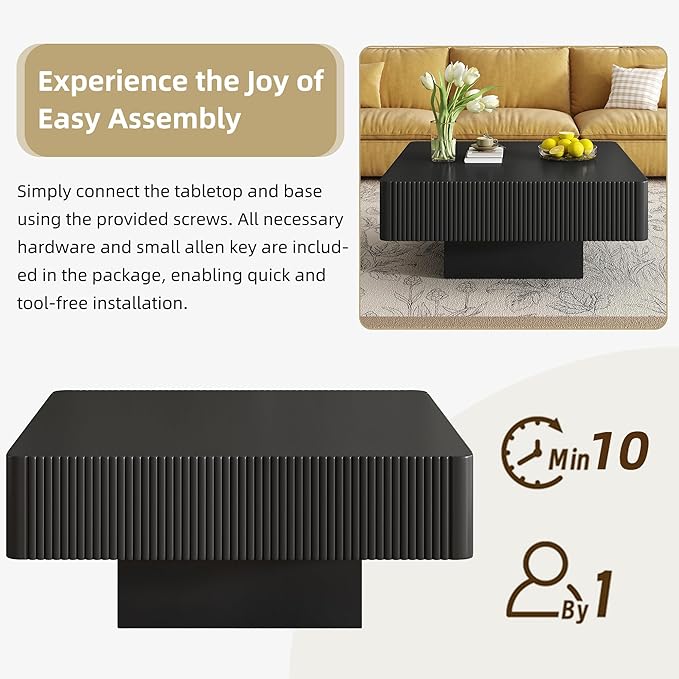 Merax Modern 31.6" W Square Coffee Table with Sturdy Base, Wood Center Tables for Living Room Reception Room, Easy Assemble, Black