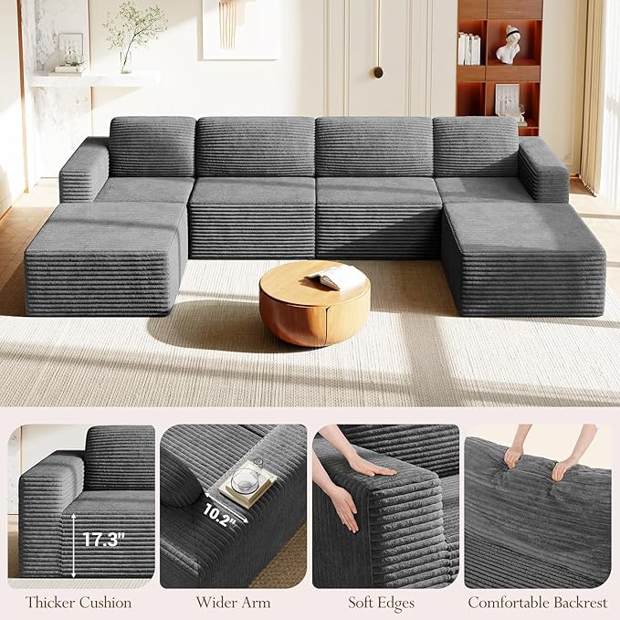 Vesgantti 159" Large Modular Sectional Sofa, U-Shaped Corduroy Cloud Couch with Deep Seats & Spring Support, 4-Seater Boneless Sofa with 2 Movable Ottomans, No Assembly Needed, Grey