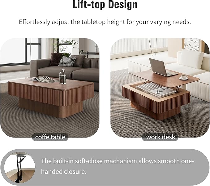 38.6'' Lift-top Coffee Table Solid Wood Veneered Center Table Rectangular Fluted Table with Storage and Adjustable Height for Living Room Apartment Office, Walnut