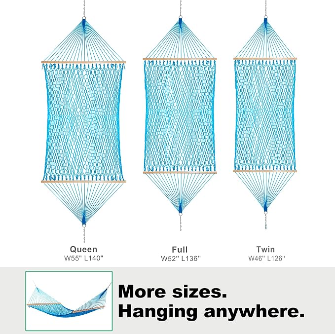 GAFETE Single Rope Hammocks for Outside, Traditional Hand Woven Cotton Hammock with Hardwood Spreader Bar, Max 450 lbs Capacity (Lake Aqua, Small) - Image 5