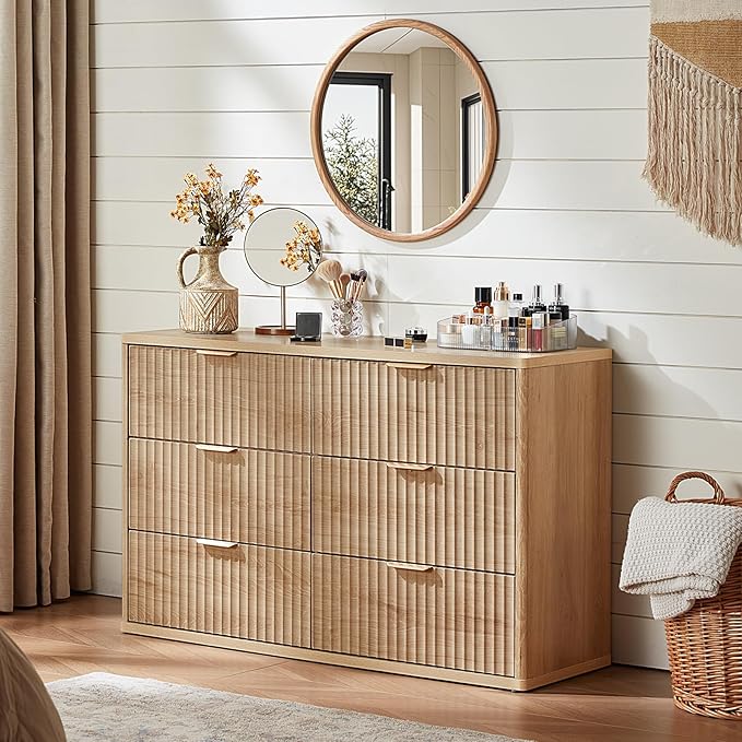 LEYAOYAO Fluted Dressers & Nightstand Set of 4, Wood 48" Wide Dresser & 42" Tall Chest of Drawers,Modern Bedroom Furniture Sets, Natural Wooden Nightstand Set of 2 with 2 Drawers & Charging Station