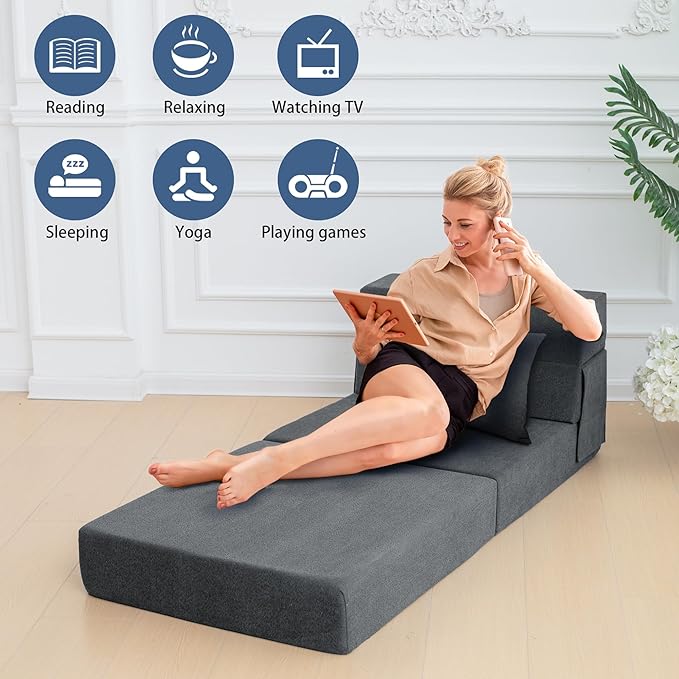 Folding Sofa Bed Chair with Pillow,Convertible Fold Out Chair Bed Sleeper,Foam Floor Mattress, Foldable Futon Couch Bed for Living Room/Dorm/Guest/Office (Grey, Single)