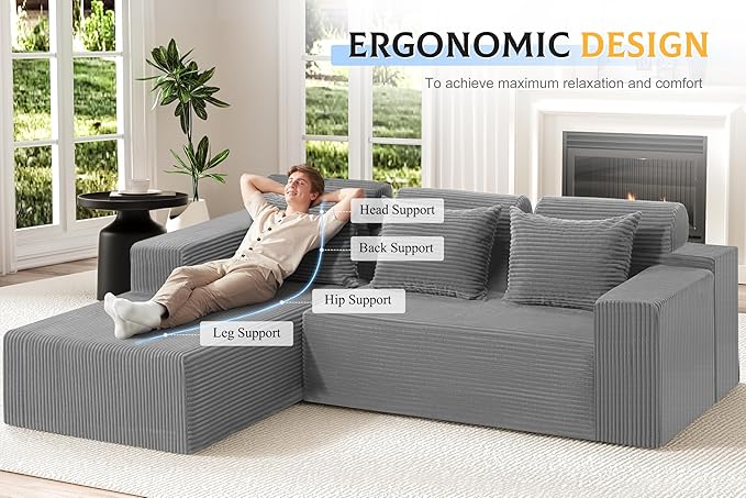 Homguava Modular Sectional Couches for Living Room,105" Cloud Couch with L-Shape Chaise,Comfy Sofa Living Room Sofas with Deep Seat,No Assembly L Couch,Corduroy Fabric(Light Grey,L)