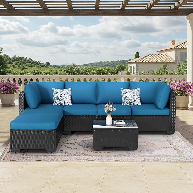 U-MAX 7 Piece Outdoor Patio Furniture Set, PE Rattan Outdoor Wicker Sectional Furniture Chair Set with Cushions and Tea Table, Black Rattan and Peacock Blue Cushion