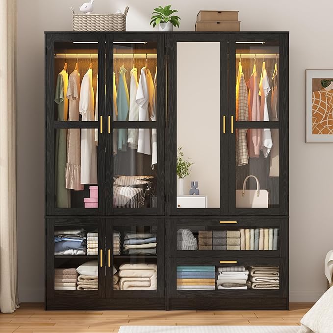 4 Doors Armoire Wardrobe Closet with LED and Mirror,71" H Freestanding Wooden Wardrobe Closet Cabinet for Bedroom w 2 Drawers,Wooden Clothing Storage Cabinet w Hanging Rod,Closets for Bedroom(Black)