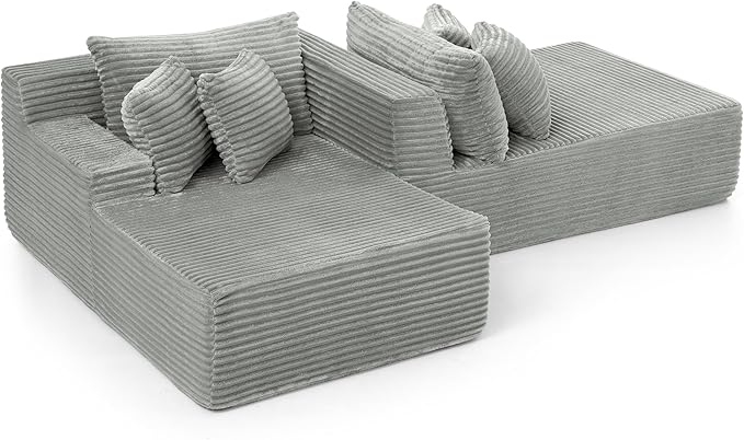 Fluffy Corduroy Double Chaise Lounge Daybed 83-Inch Oversized Loveseat Sleeper Sofa Bed,Boneless Love Seat Recliner Sleeper Couch Full Foam Floor Cloud Sofa Chaise W/6 Pillows for Living Room Bedroom