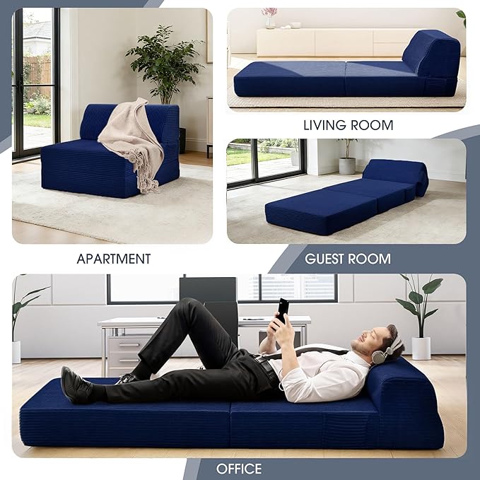 Folding Sofa Bed with Pillow, Memory Foam Fold Out Chair Bed, Convertible Sleeper Chair with Washable Cover, Futon Floor Couch for Living Room/Dorm/Guest Use/Home Office/Apartment, Navy Blue