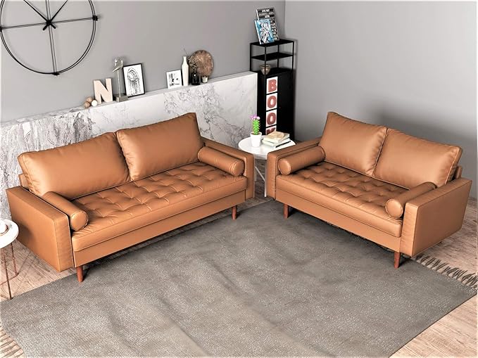 Womble Mid Century Modern Couch with Bolster Pillows, PU Leather Upholstered Tufted Seat, Versatile Retro Design for Comfortable Living Spaces, Loveseat, Brown