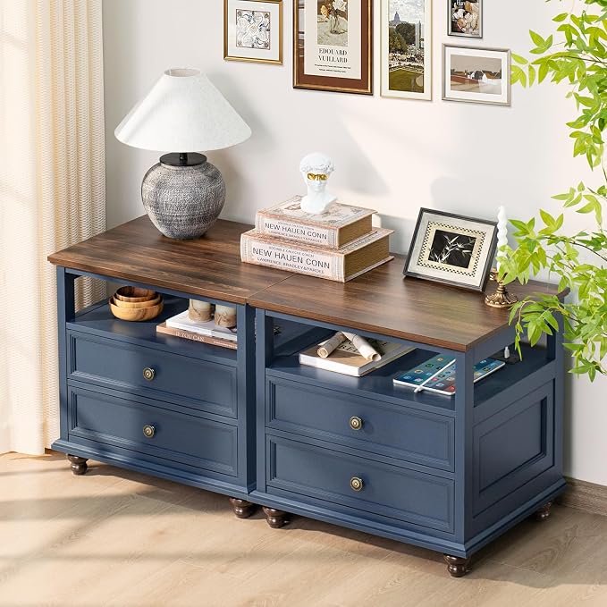 Joaxswe Farmhouse Nightstand Set of 2 with Charging Station, 24" Wide End Table with 2 Drawers,Wood Dresser for Bedroom,Bed Side Table Chest of Drawers Cabinet,Navy BlueNight Stand for Living Room - Image 8