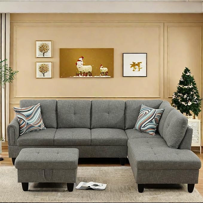 FONTOI L Shaped Sectional Couch with Otttoman, 97" Sectional Sofa for Living Room Flannel Modular Couches with Cup Holders for Bedroom, Apartments, Grey