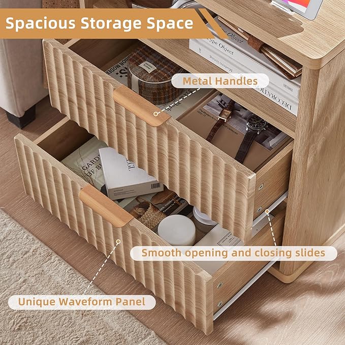 LEYAOYAO 42" Tall Fluted Dresser and 2 Drawers 23" Nightstand Set of 2, Wooden Dresser & Night Stand with Charging Station, 3 Piece Bedroom Furniture Set, Wood Chest of Drawer for Living Room,Natural