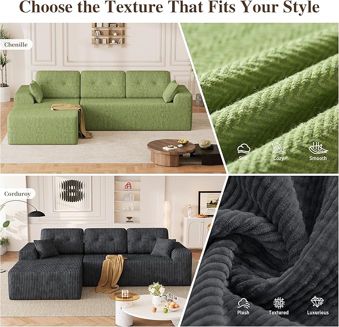 Ball & Cast 106" Boneless Sectional Sofa, Chenille Modular L Shaped Couch with Deep Seat Chaise, Cloud Style Oversized Sectional Couch for Living Room, No Assembly, Left Facing, Green